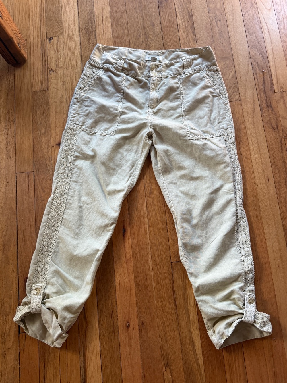 Sundance tan linen blend lace trim pants